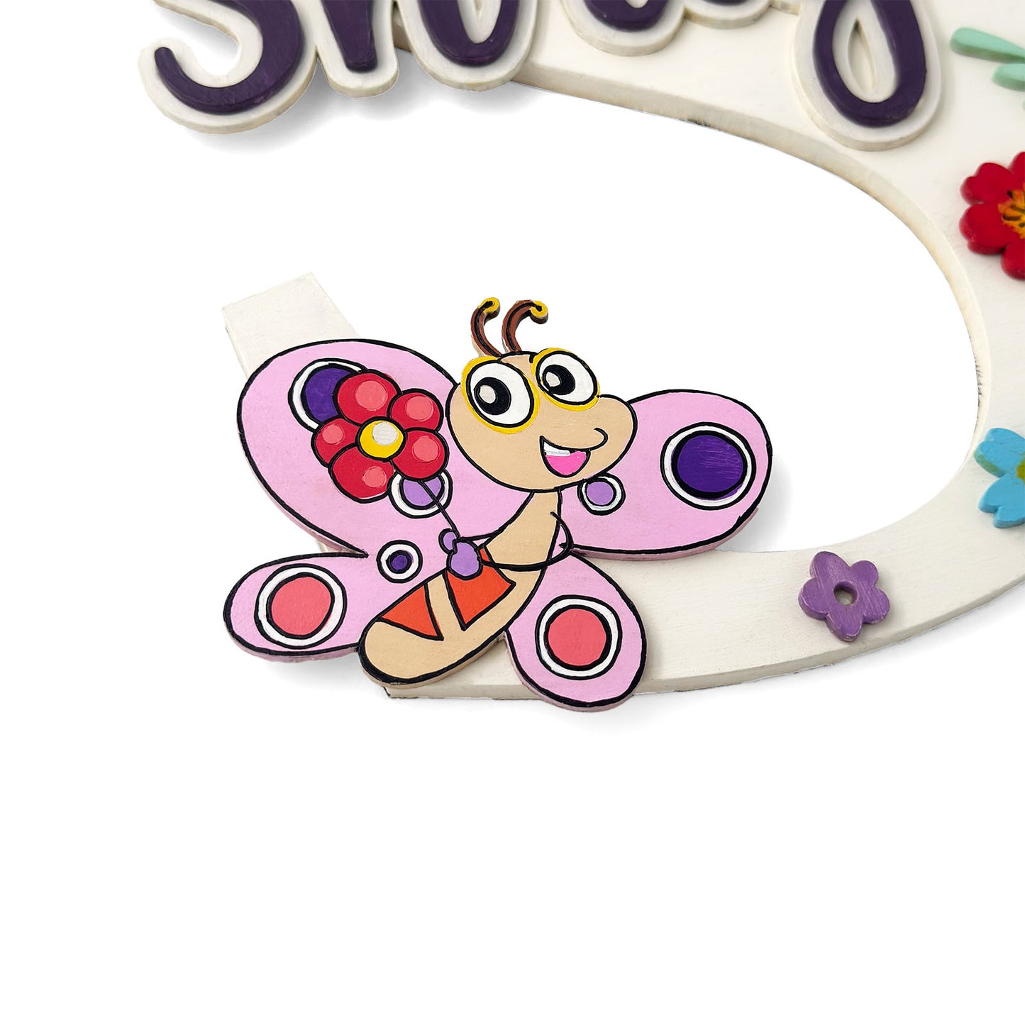 Butterfly Themed Layered Alphabet Initial Hand-Painted Wooden Kids Name Plate Design 1