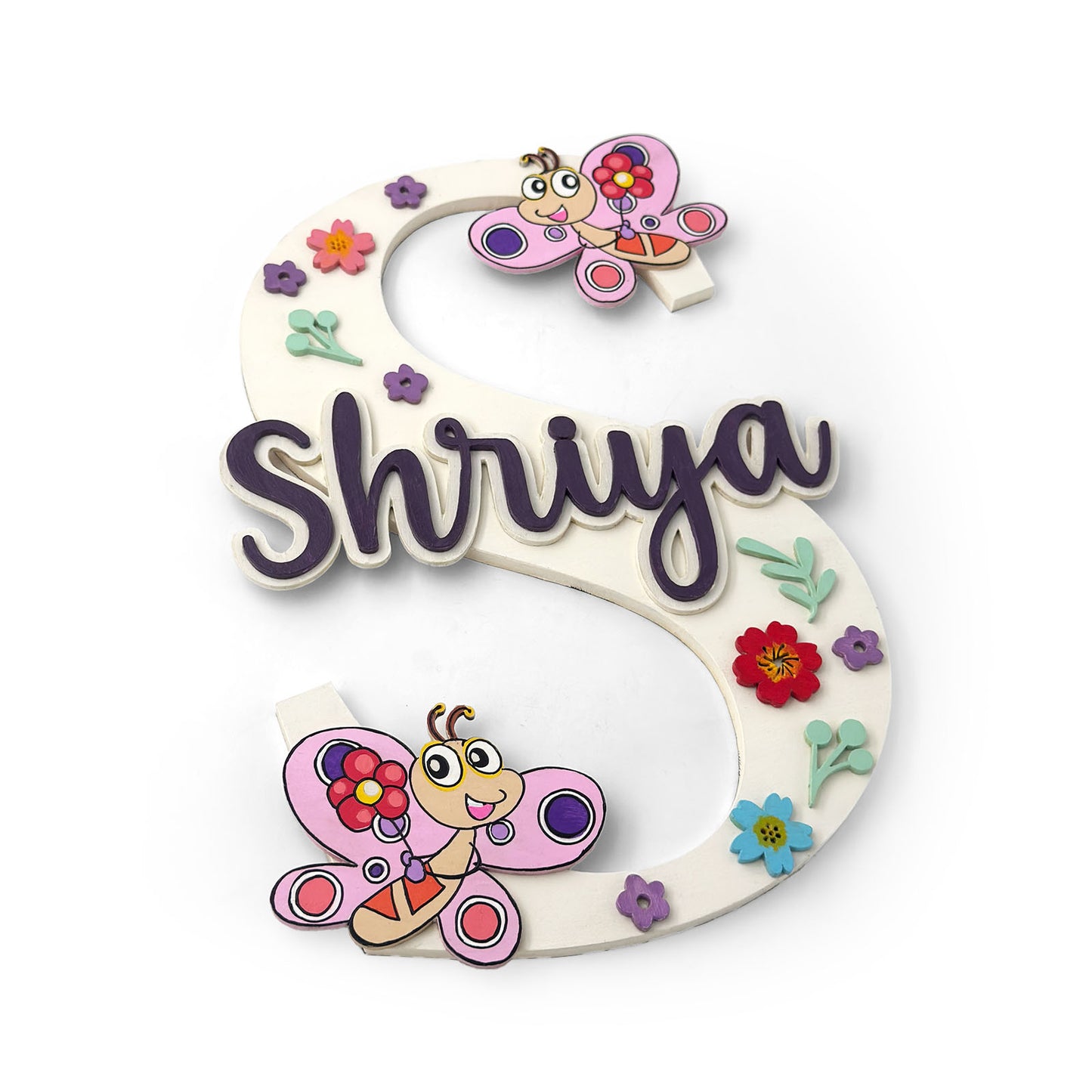 Butterfly Themed Layered Alphabet Initial Hand-Painted Wooden Kids Name Plate Design 1