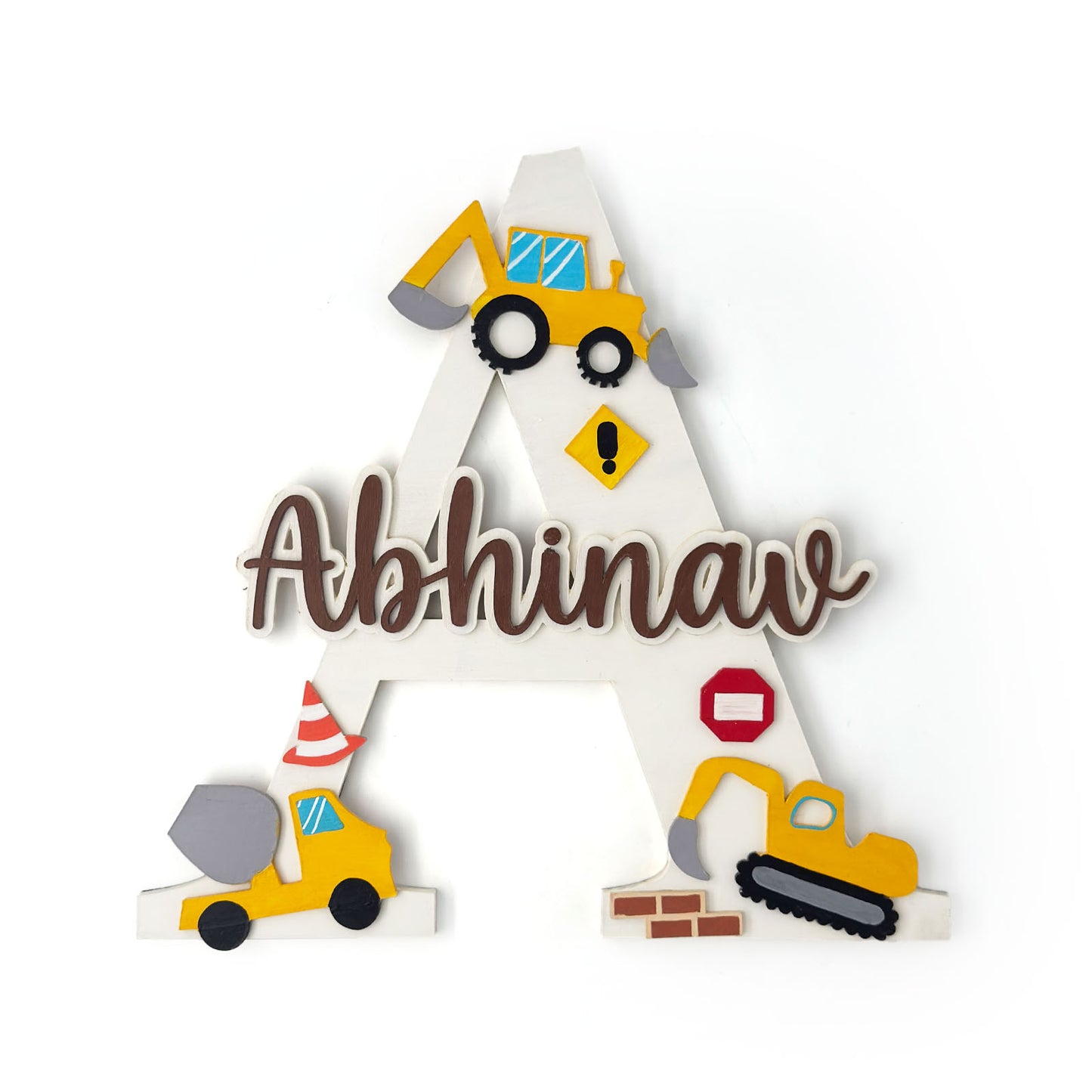 Construction Vehicles Themed Layered Alphabet Initial Hand-Painted Wooden Kids Name Plate Design 1
