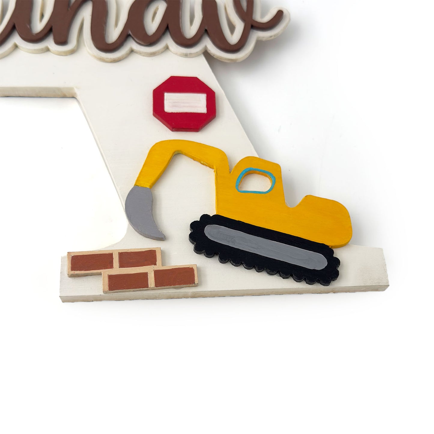 Construction Vehicles Themed Layered Alphabet Initial Hand-Painted Wooden Kids Name Plate Design 1