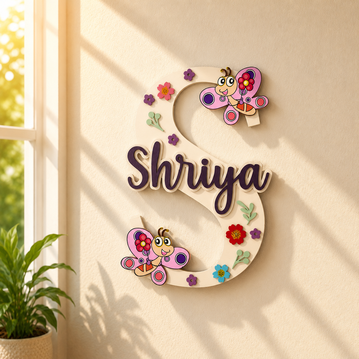 Butterfly Themed Layered Alphabet Initial Hand-Painted Wooden Kids Name Plate Design 1