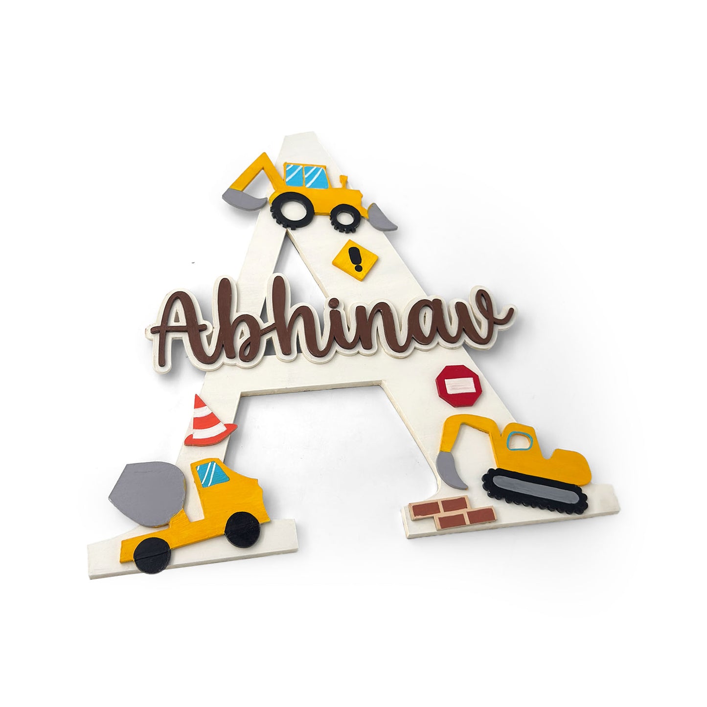 Construction Vehicles Themed Layered Alphabet Initial Hand-Painted Wooden Kids Name Plate Design 1