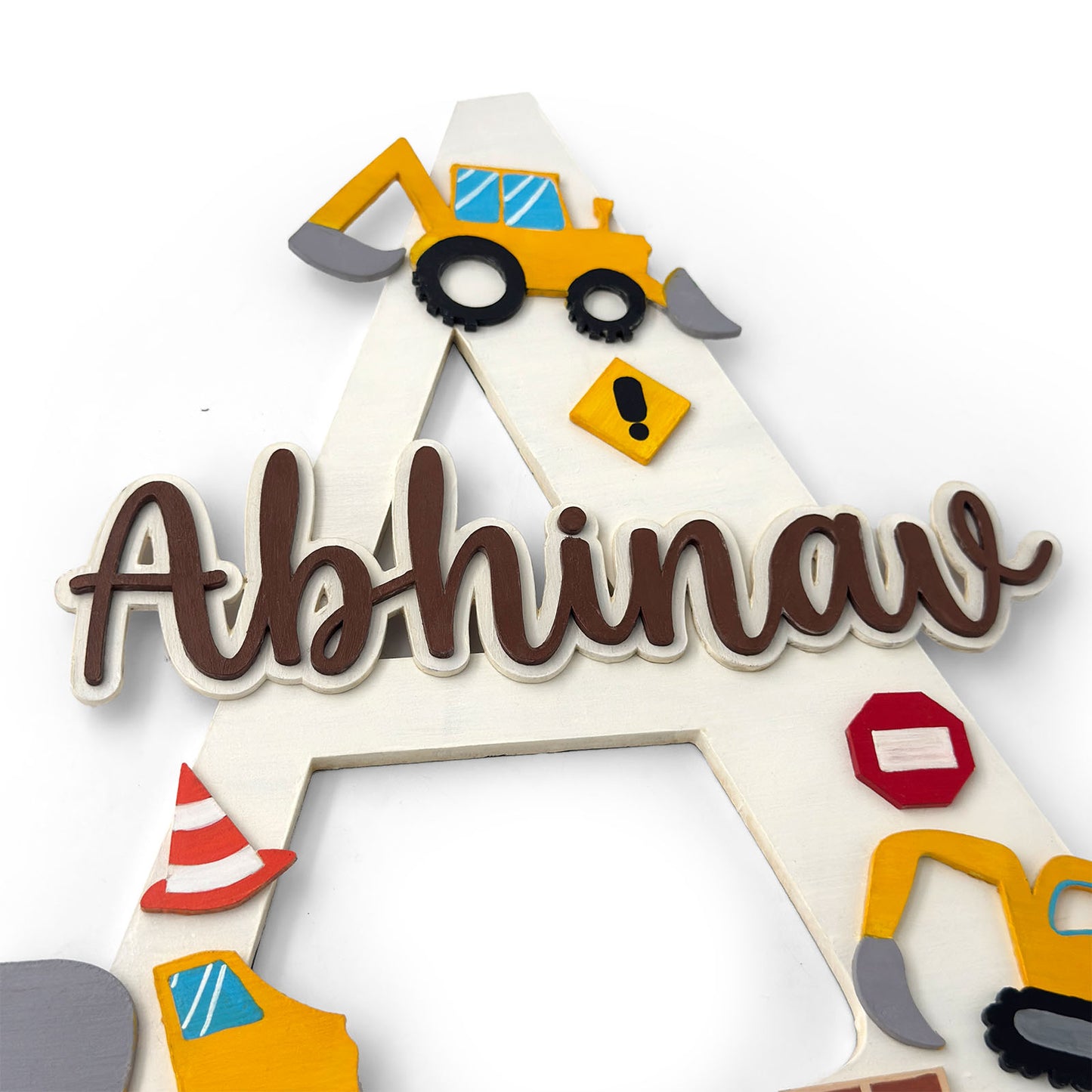 Construction Vehicles Themed Layered Alphabet Initial Hand-Painted Wooden Kids Name Plate Design 1