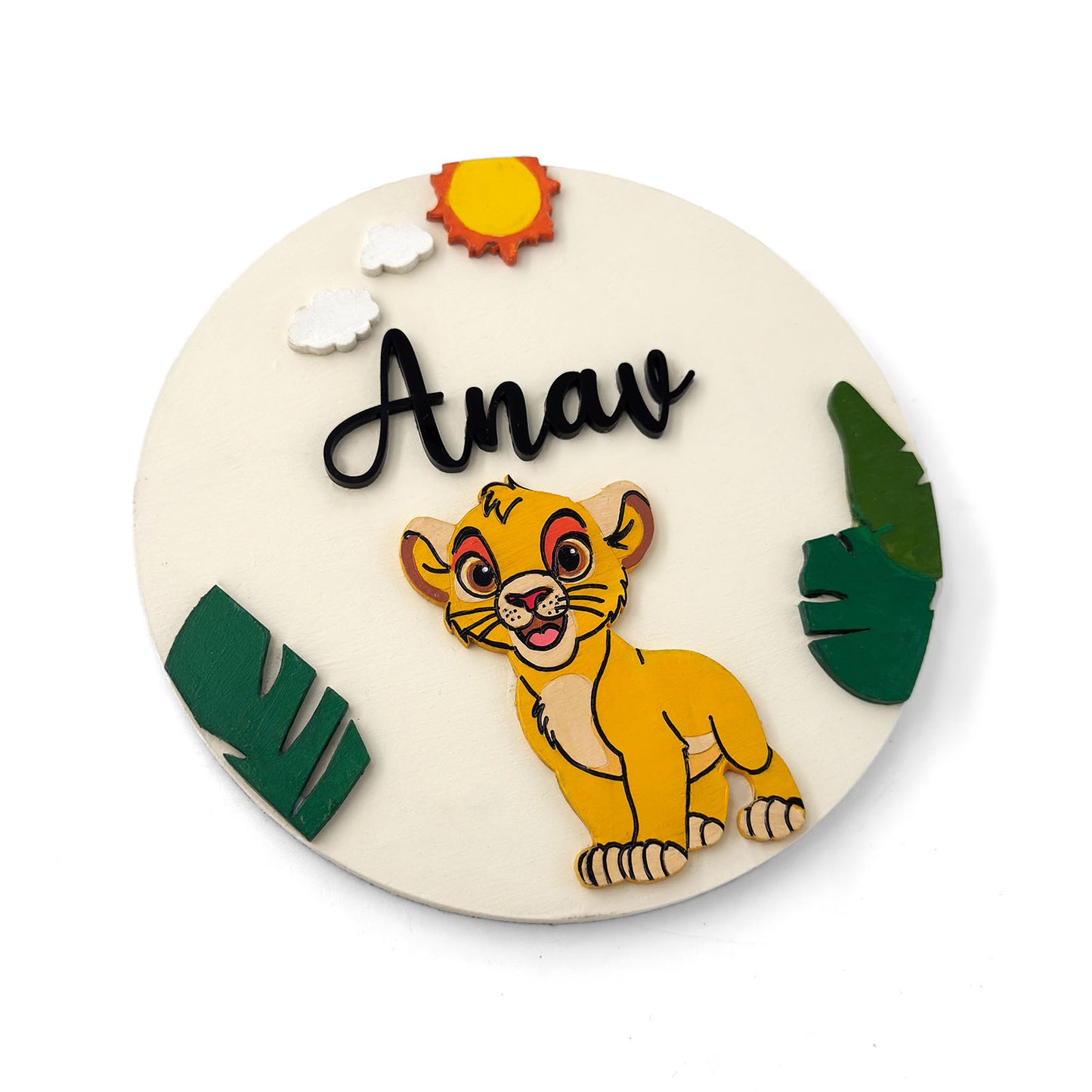 Lion King Simba Themed Hand-Painted Wooden Round Kids Name Plate - Design 2