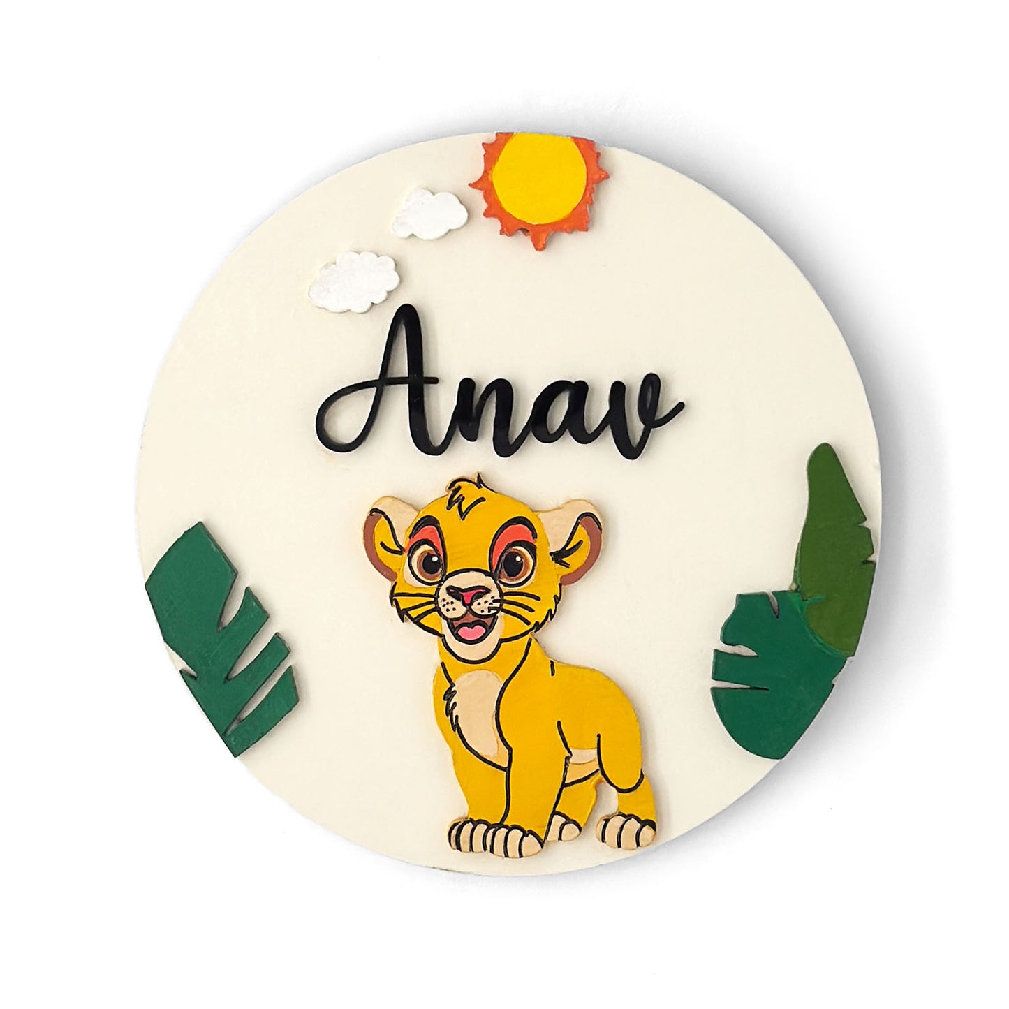 Lion King Simba Themed Hand-Painted Wooden Round Kids Name Plate - Design 2