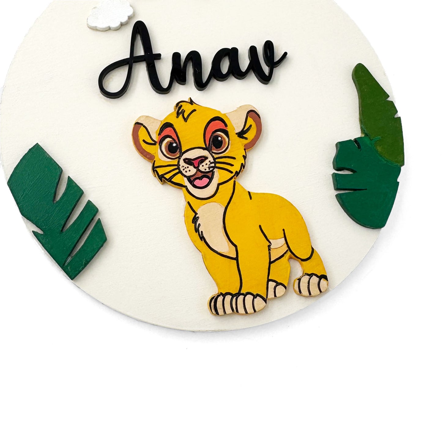 Lion King Simba Themed Hand-Painted Wooden Round Kids Name Plate - Design 2