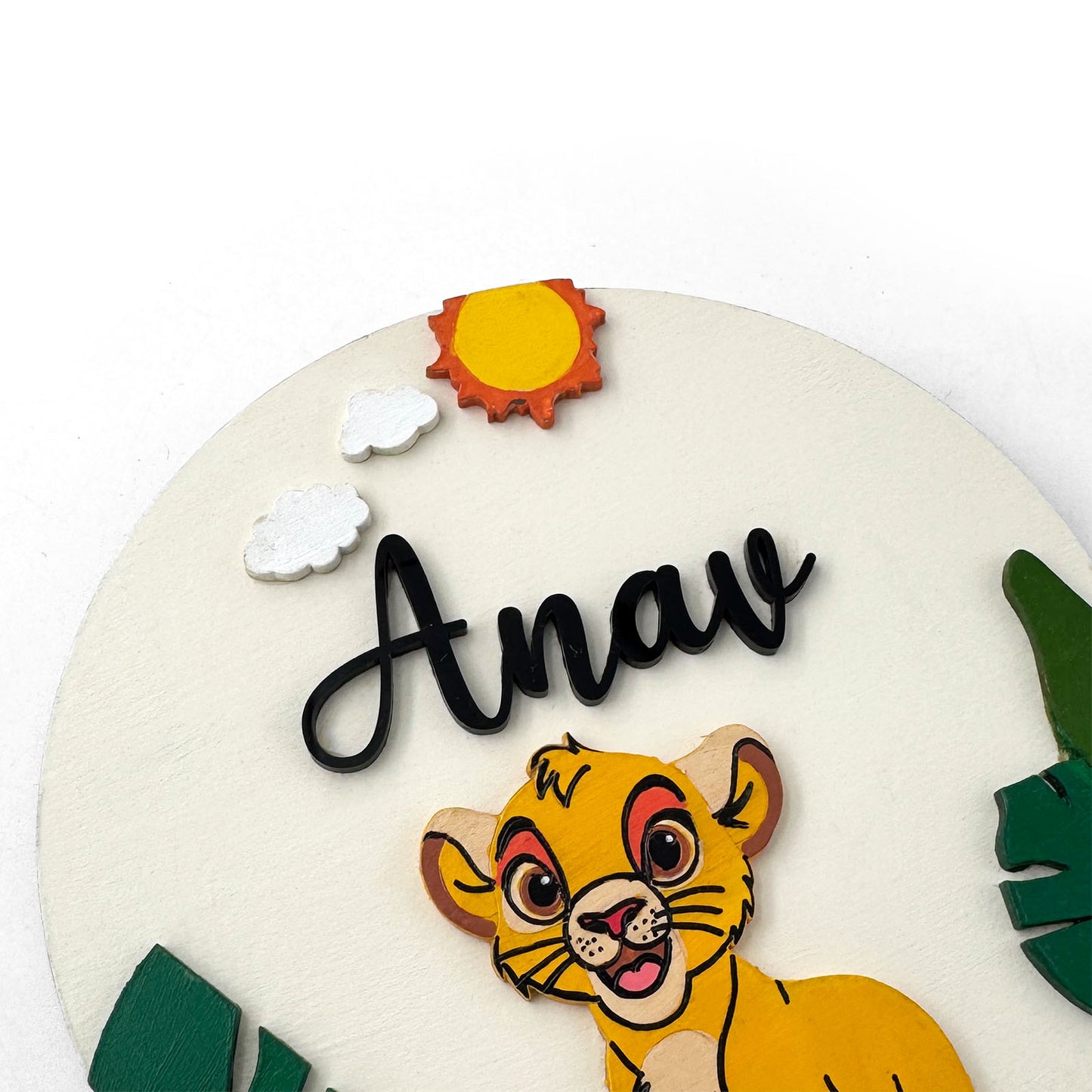 Lion King Simba Themed Hand-Painted Wooden Round Kids Name Plate - Design 2