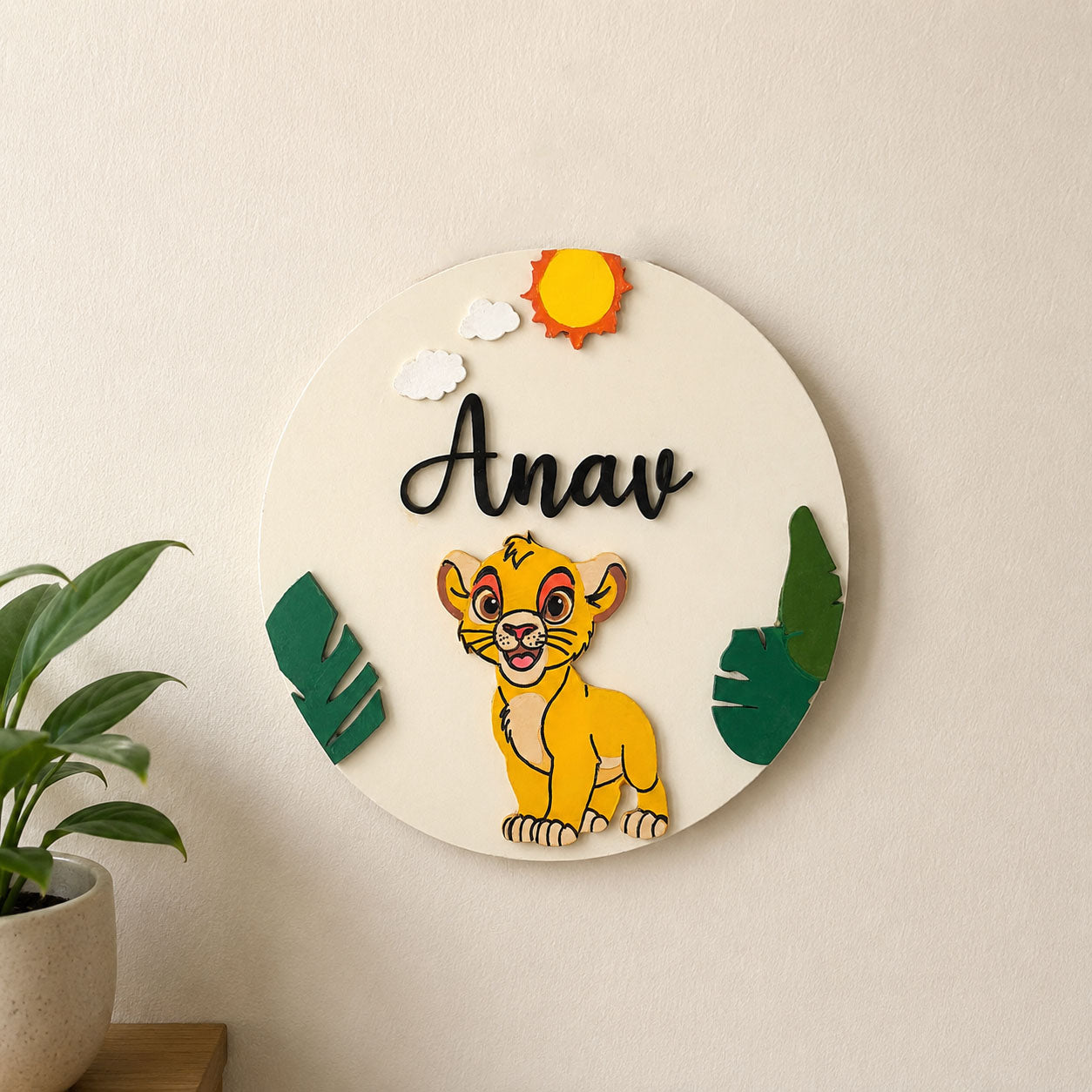 Lion King Simba Themed Hand-Painted Wooden Round Kids Name Plate - Design 2