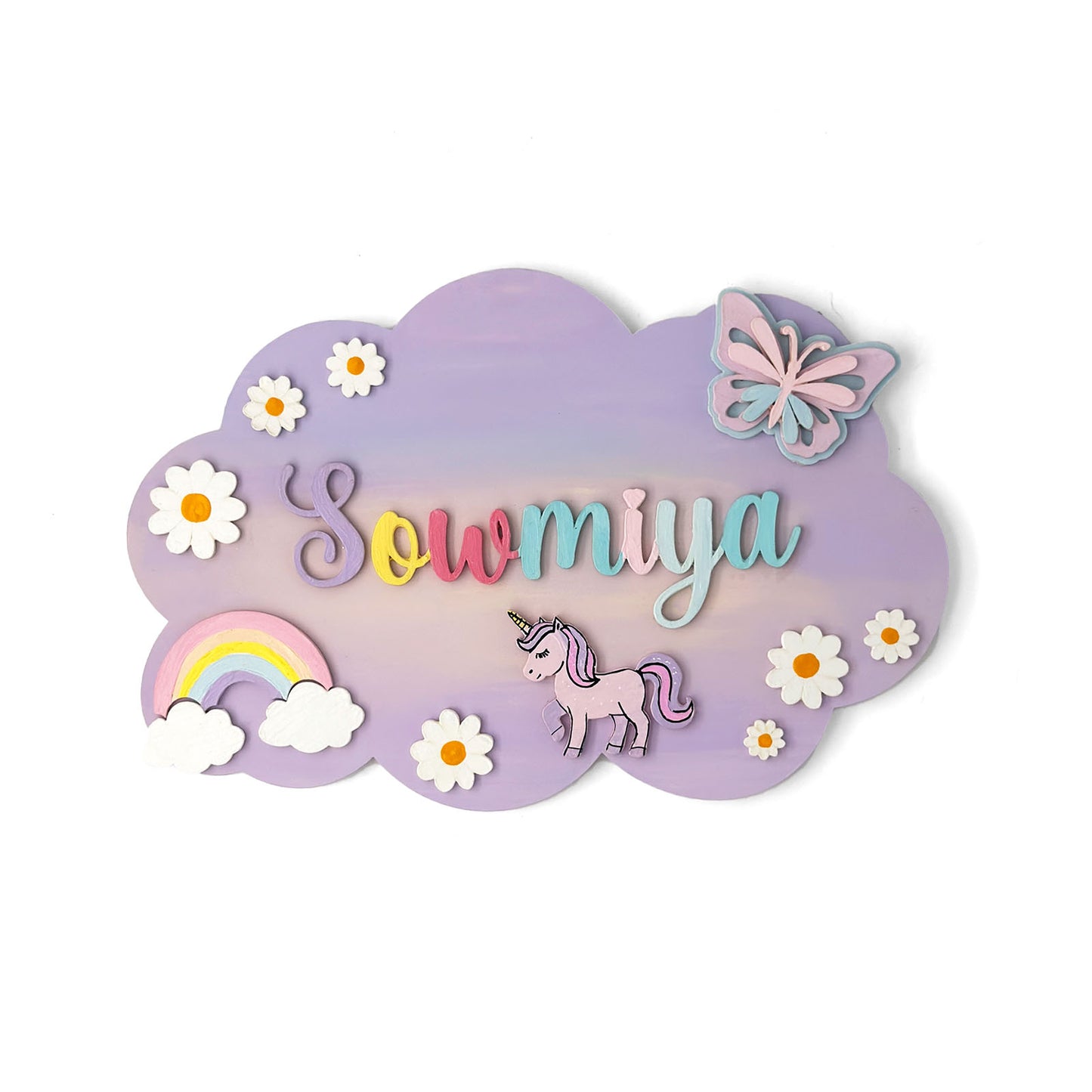 Unicorn Themed Hand-Painted Wooden Scalloped Cloud Kids Name Plate - Design 2