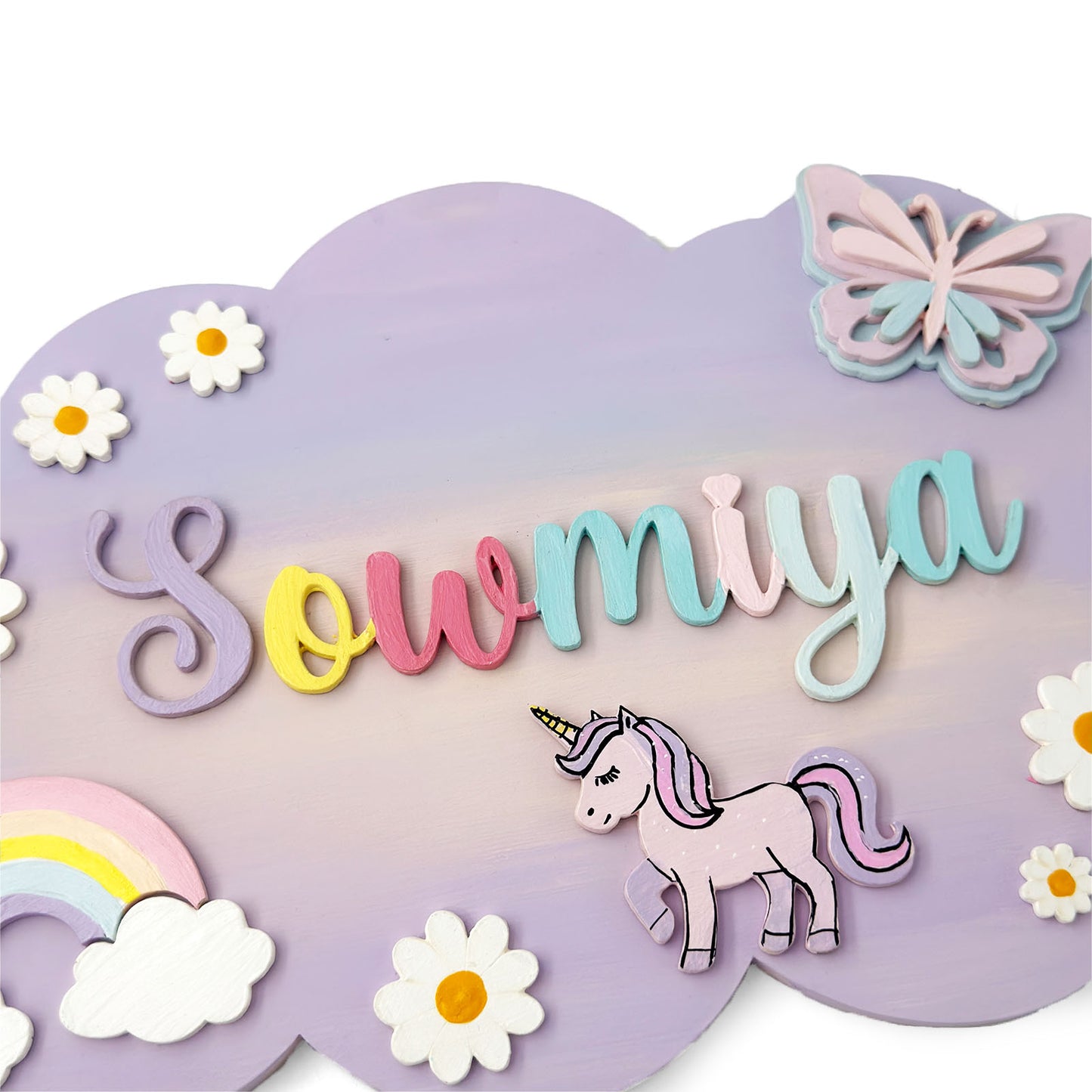 Unicorn Themed Hand-Painted Wooden Scalloped Cloud Kids Name Plate - Design 2