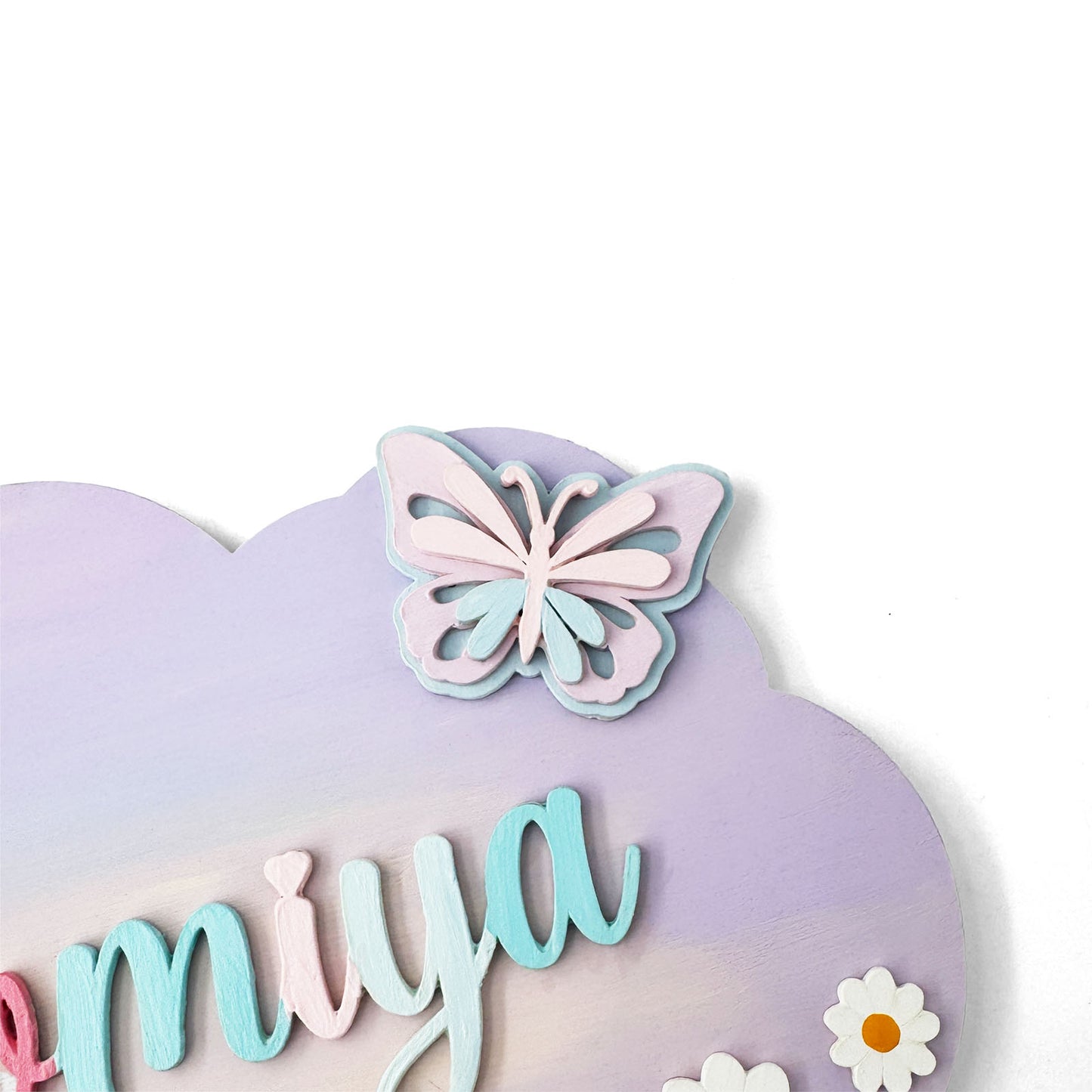 Unicorn Themed Hand-Painted Wooden Scalloped Cloud Kids Name Plate - Design 2