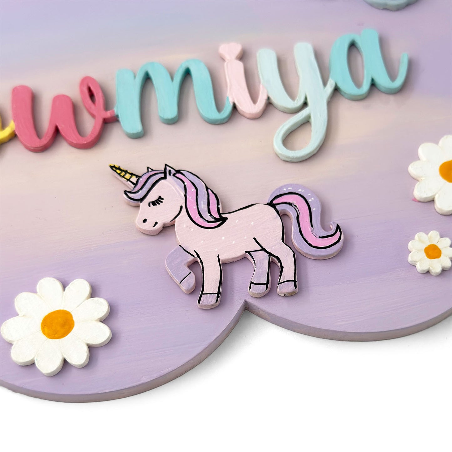 Unicorn Themed Hand-Painted Wooden Scalloped Cloud Kids Name Plate - Design 2