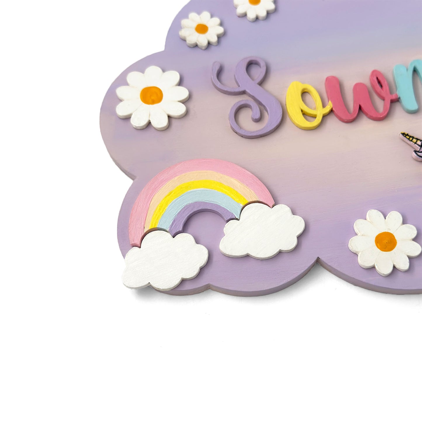 Unicorn Themed Hand-Painted Wooden Scalloped Cloud Kids Name Plate - Design 2
