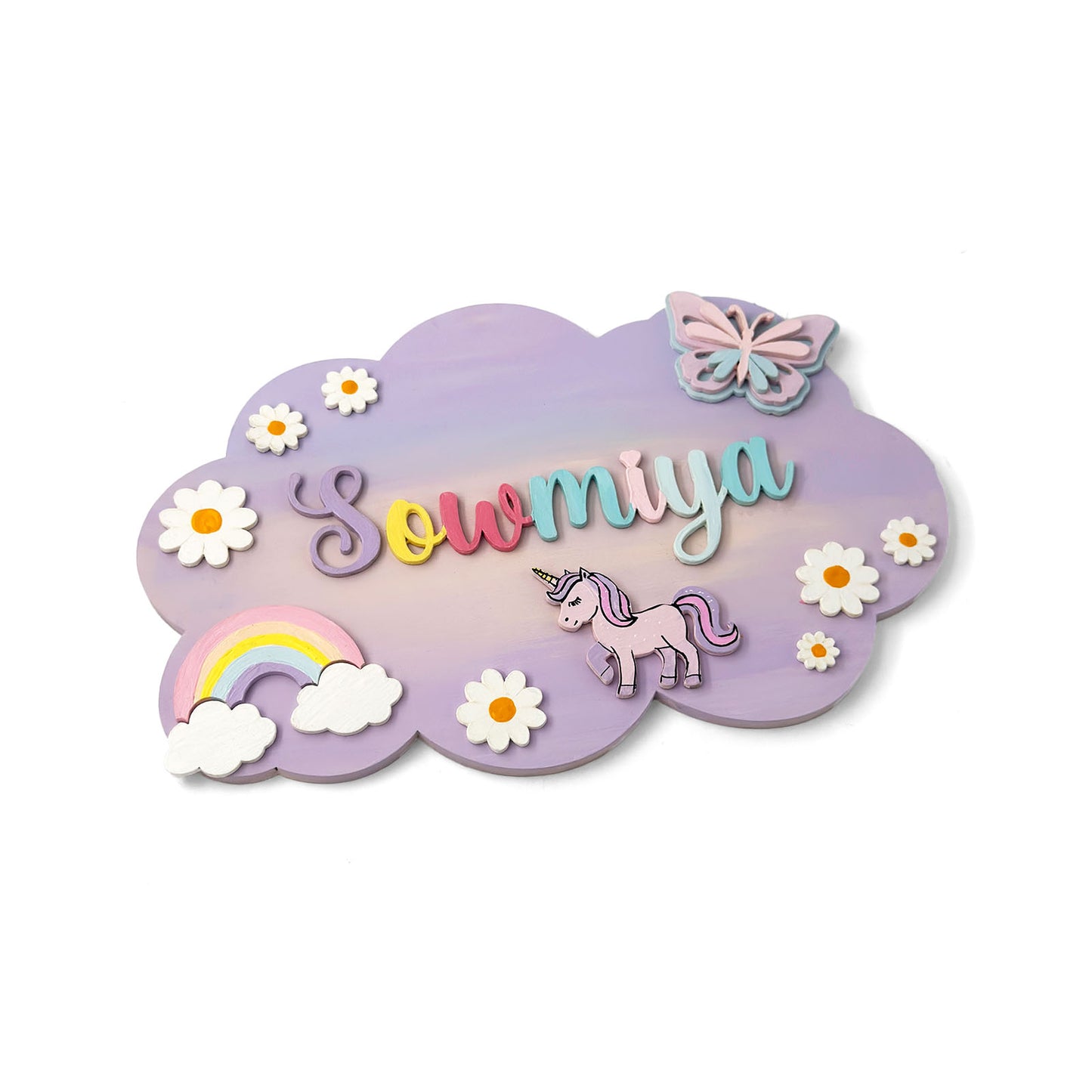 Unicorn Themed Hand-Painted Wooden Scalloped Cloud Kids Name Plate - Design 2