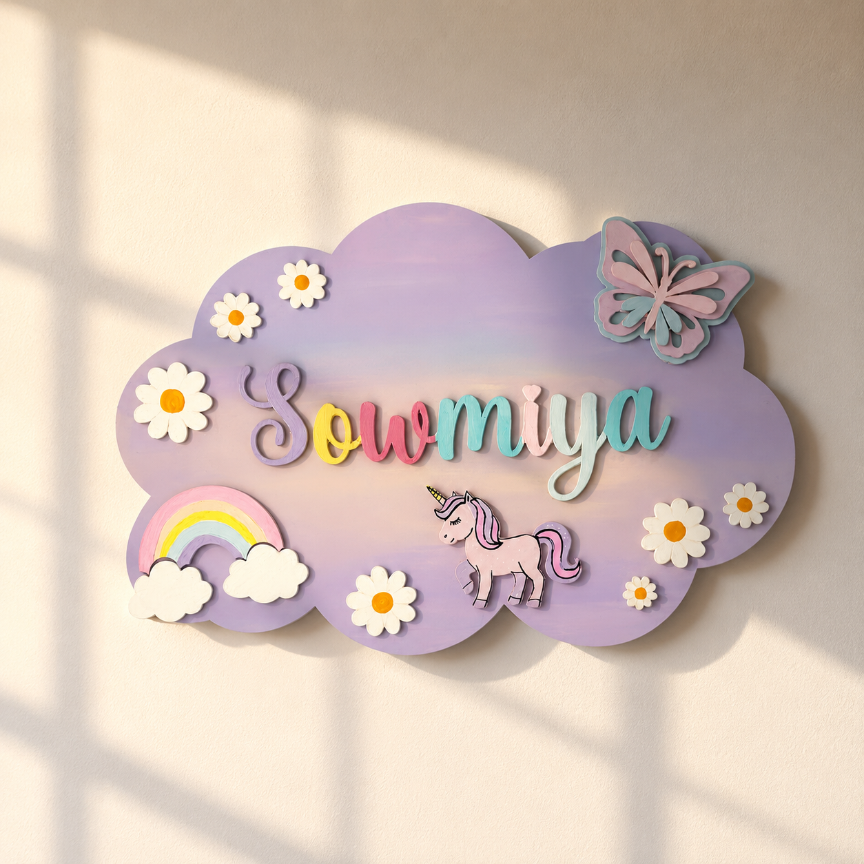 Unicorn Themed Hand-Painted Wooden Scalloped Cloud Kids Name Plate - Design 2
