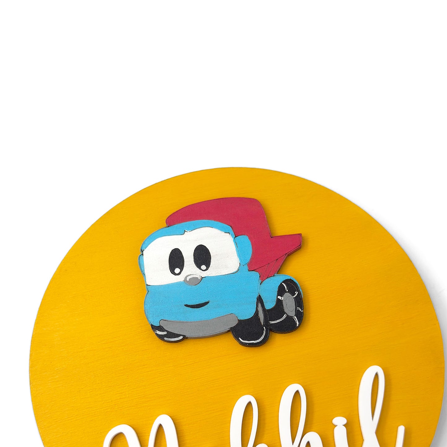Leo The Truck Themed Hand-Painted Wooden Name Plate For Kids