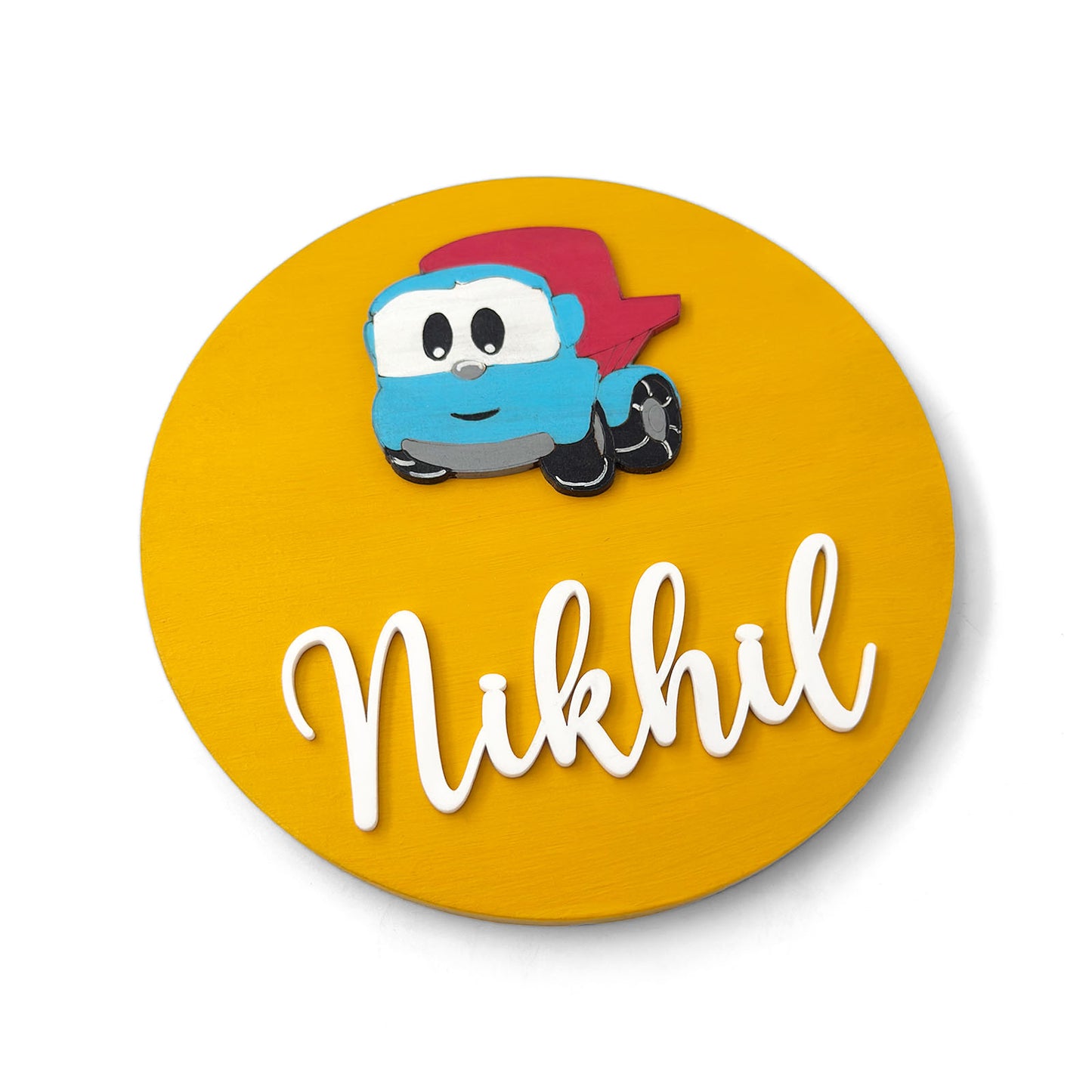 Leo The Truck Themed Hand-Painted Wooden Name Plate For Kids