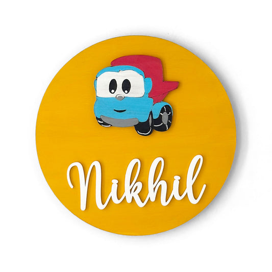 Leo The Truck Themed Hand-Painted Wooden Name Plate For Kids