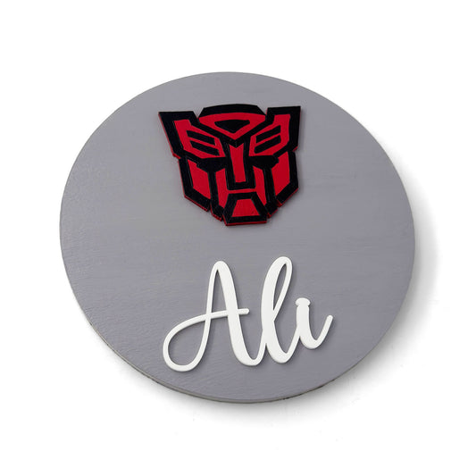 Transformers Logo Themed Hand-Painted Wooden Name Plate For Kids