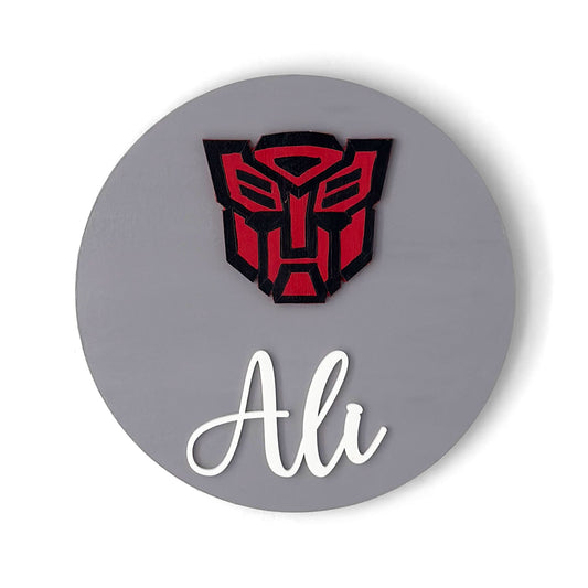 Transformers Logo Themed Hand-Painted Wooden Name Plate For Kids
