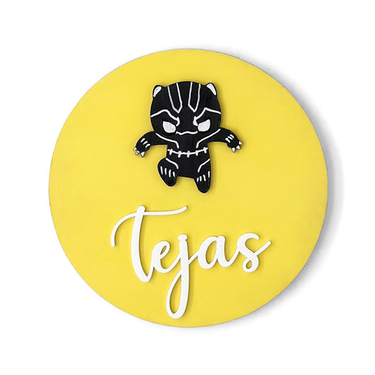Black Panther Themed Hand-Painted Wooden Name Plate For Kids