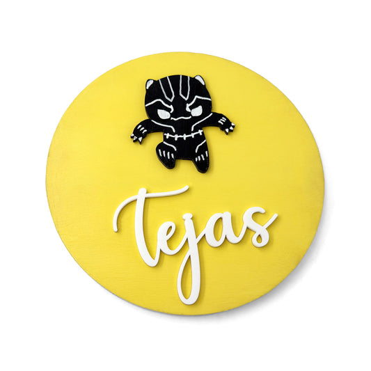 Black Panther Themed Hand-Painted Wooden Name Plate For Kids