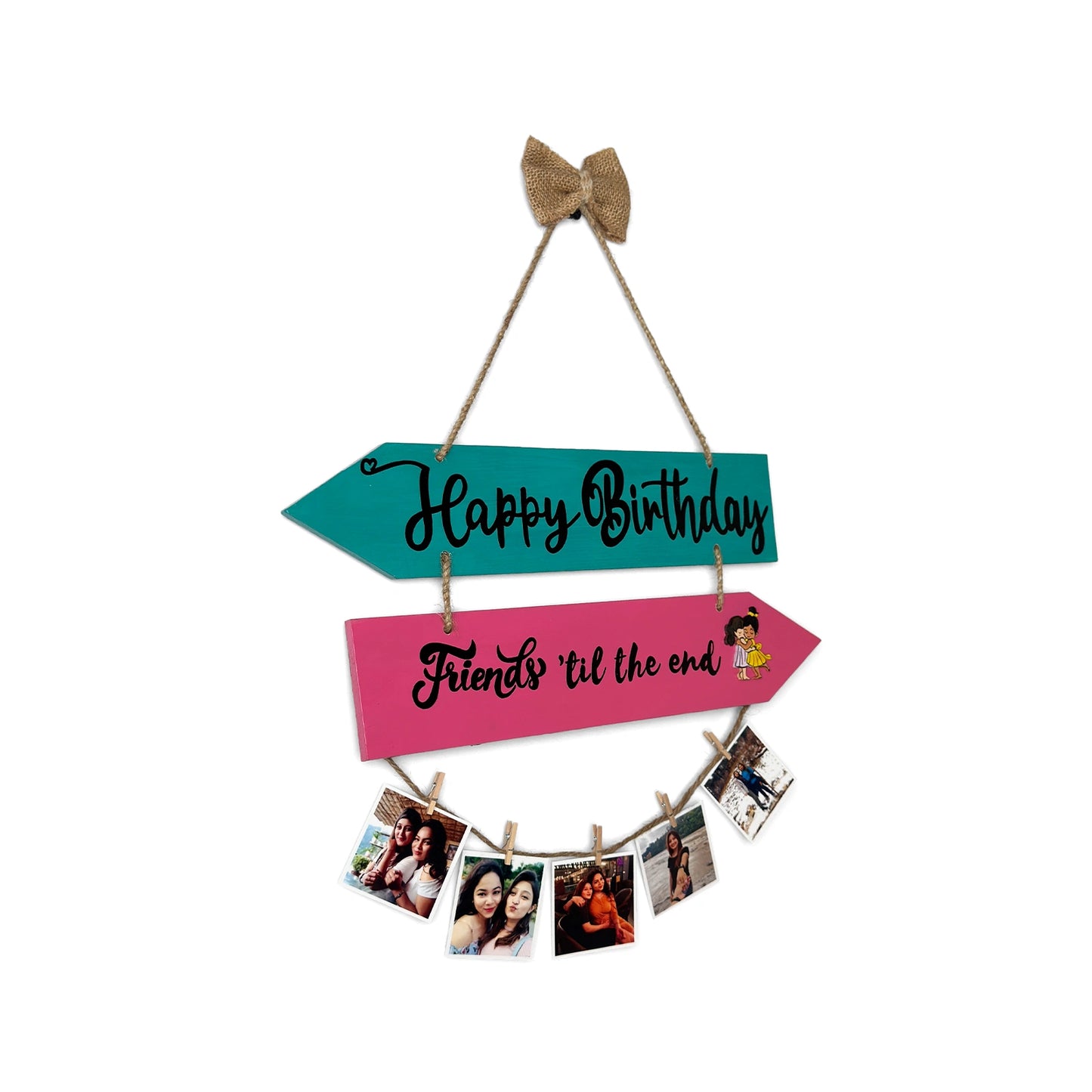 Happy Birthday  Friends Till The End Hand-Painted Wooden Photo Holder - Teal & Pink