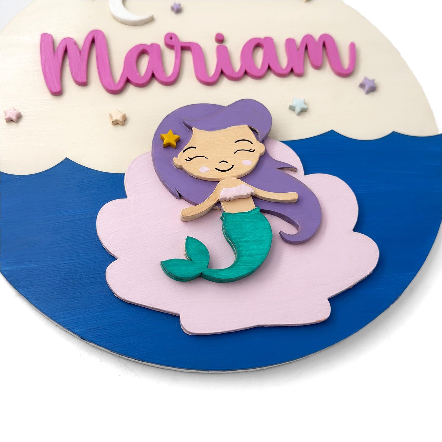 Mermaid Themed Hand-Painted Wooden Round Kids Name Plate - Design 1