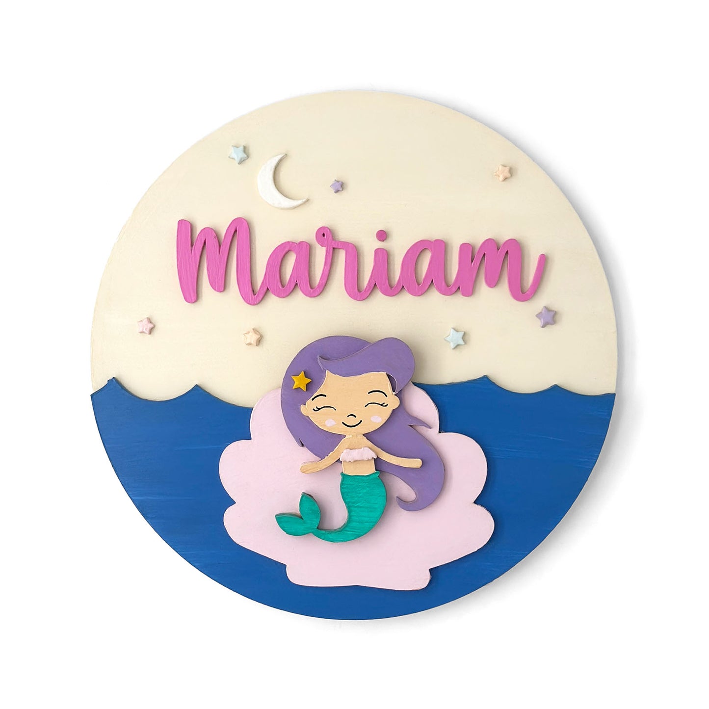 Mermaid Themed Hand-Painted Wooden Round Kids Name Plate - Design 1