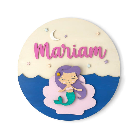 Mermaid Themed Hand-Painted Wooden Round Kids Name Plate - Design 1