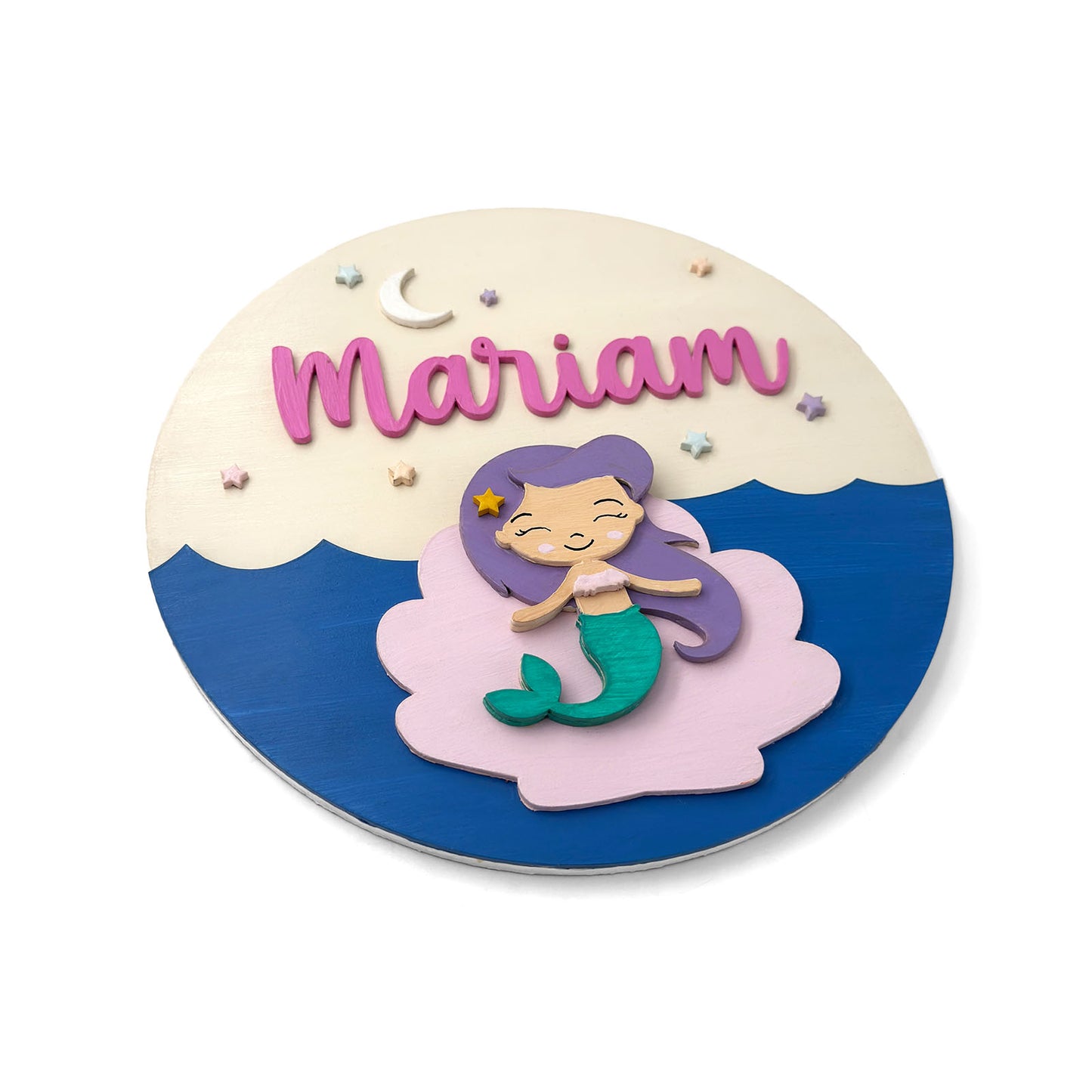 Mermaid Themed Hand-Painted Wooden Round Kids Name Plate - Design 1
