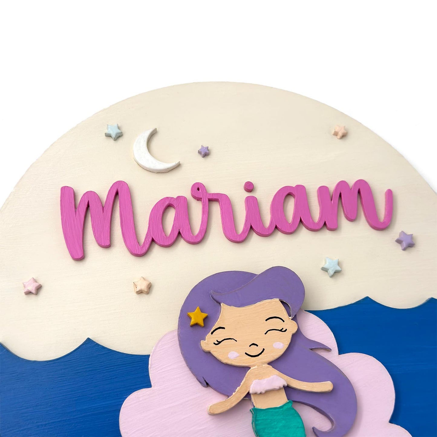 Mermaid Themed Hand-Painted Wooden Round Kids Name Plate - Design 1