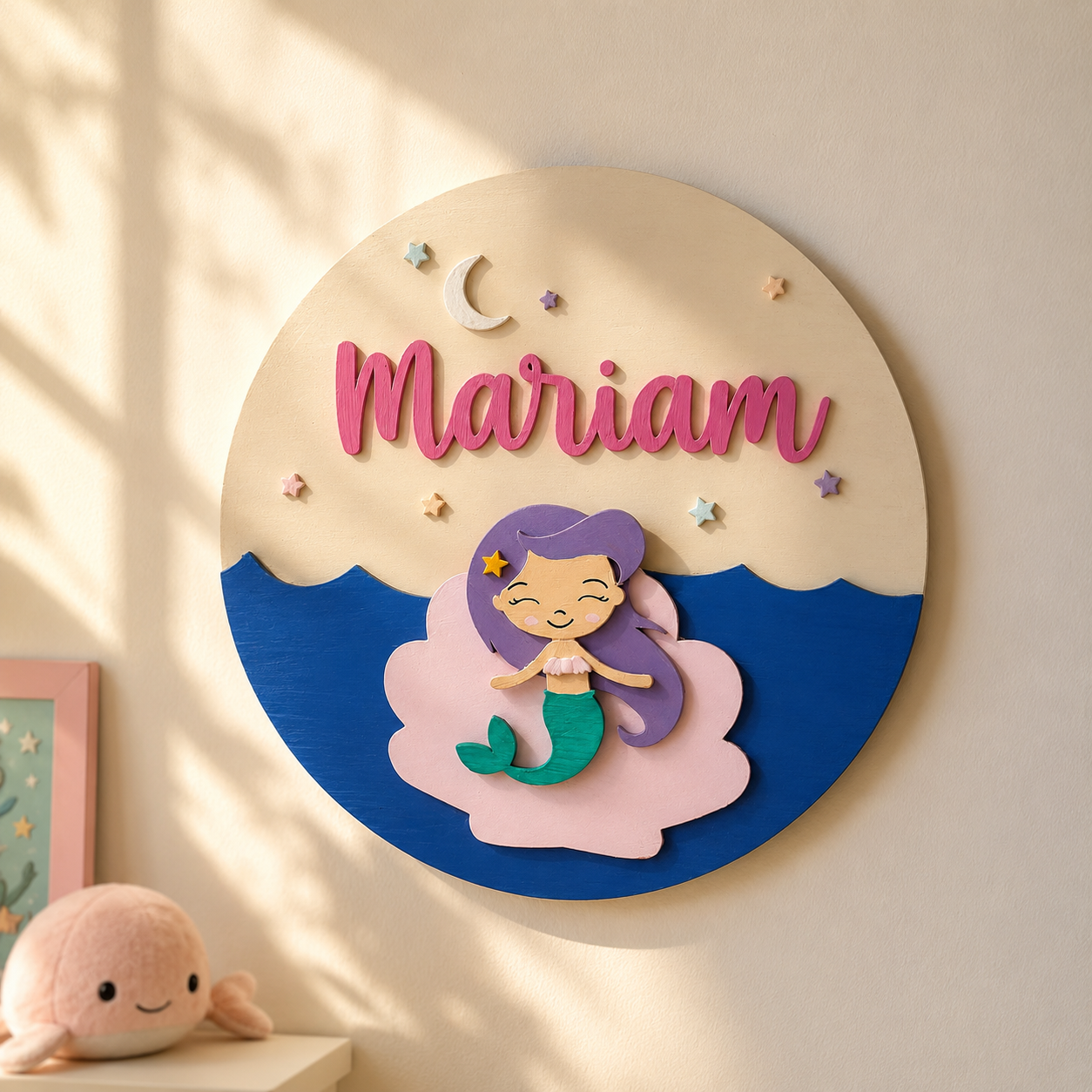Mermaid Themed Hand-Painted Wooden Round Kids Name Plate - Design 1