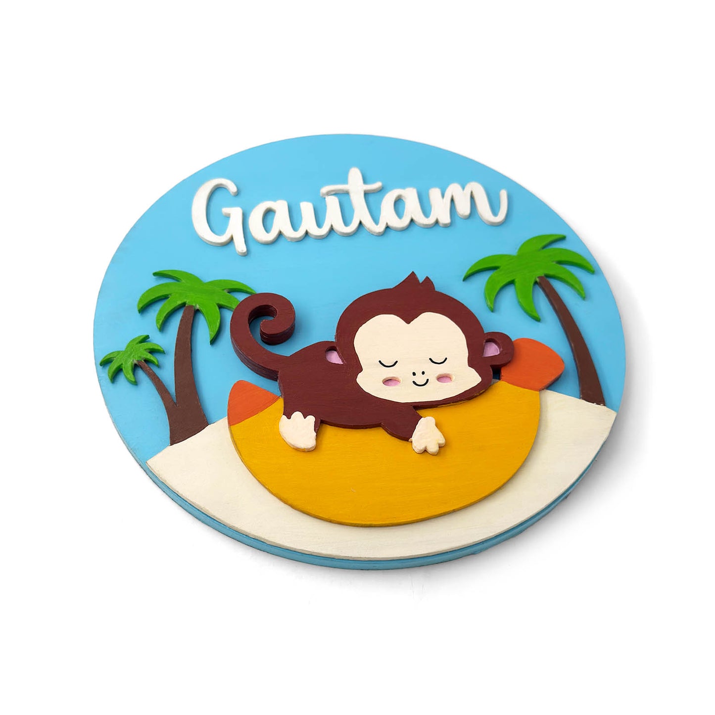 Monkey Themed Hand-Painted Wooden Round Kids Name Plate - Design 1
