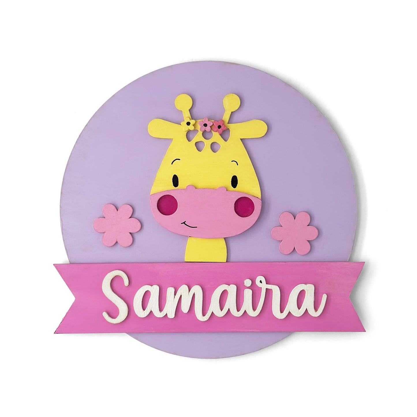 Giraffe Themed Hand-Painted Wooden Round Kids Name Plate - Design 1