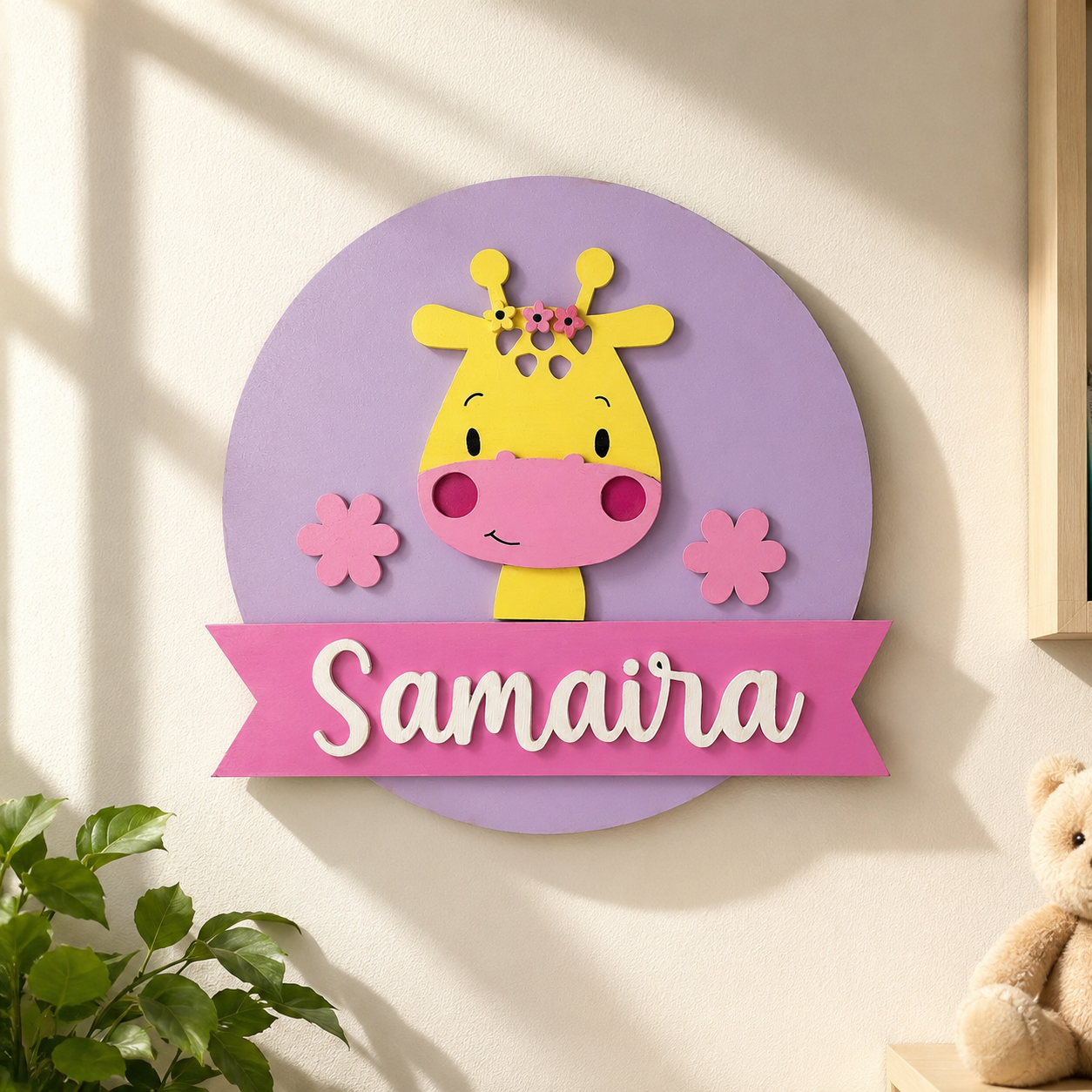 Giraffe Themed Hand-Painted Wooden Round Kids Name Plate - Design 1