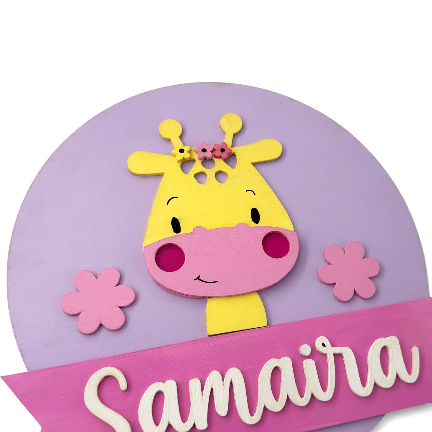 Giraffe Themed Hand-Painted Wooden Round Kids Name Plate - Design 1