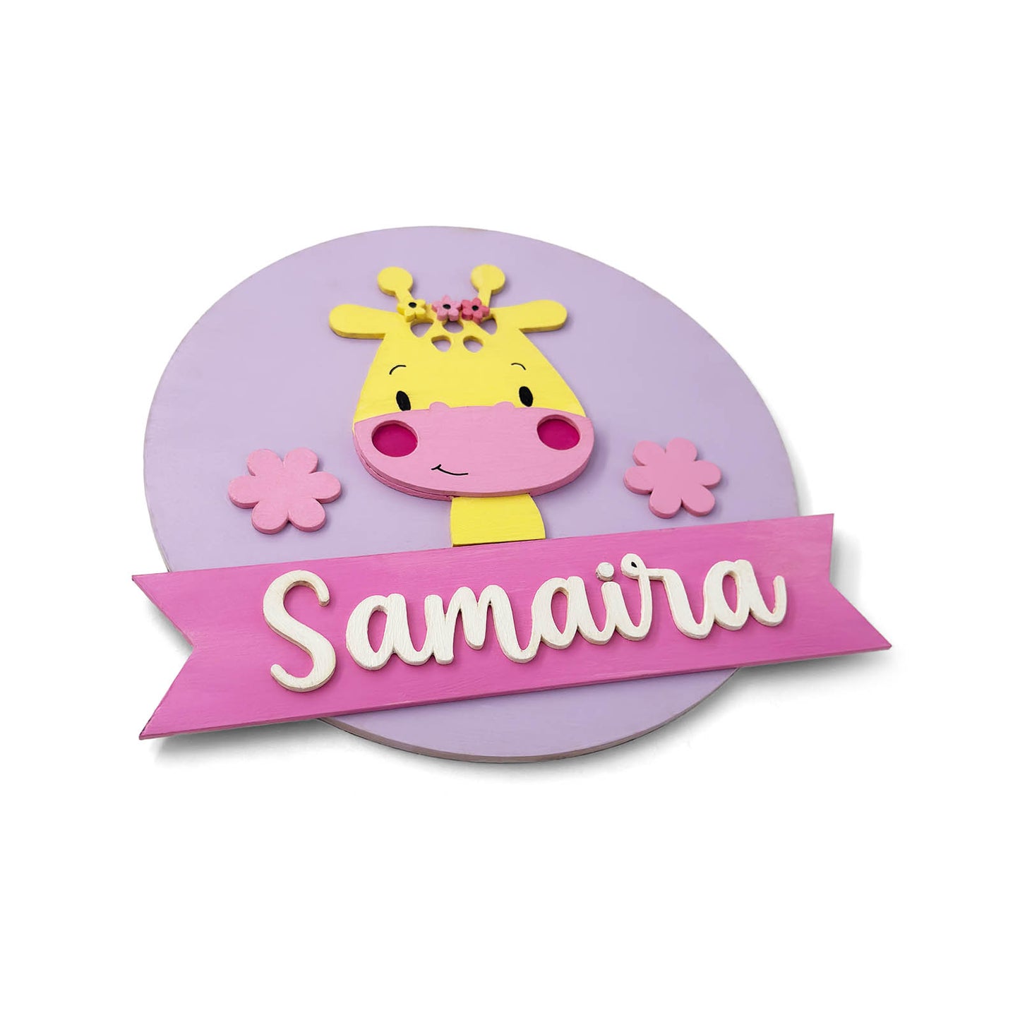 Giraffe Themed Hand-Painted Wooden Round Kids Name Plate - Design 1