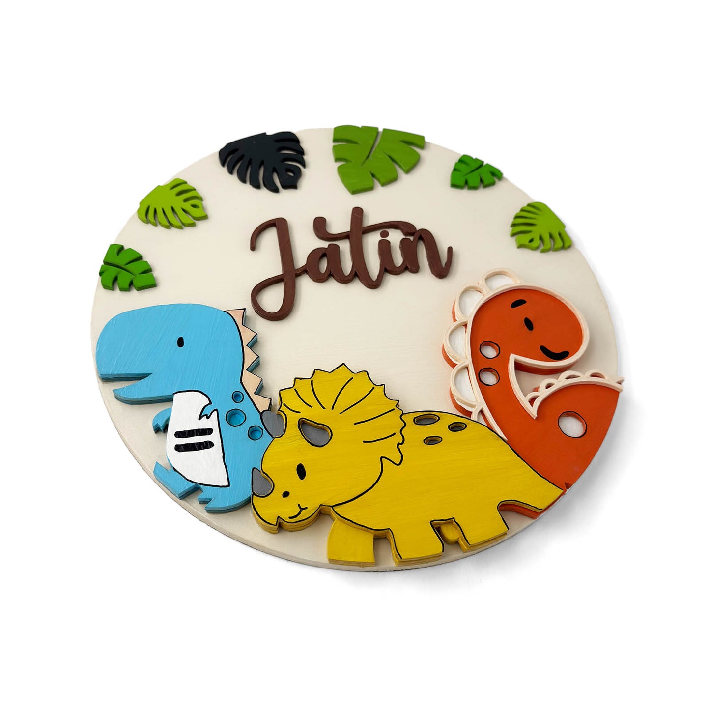 Dinosaur Themed Hand-Painted Wooden Round Kids Name Plate - Design 2