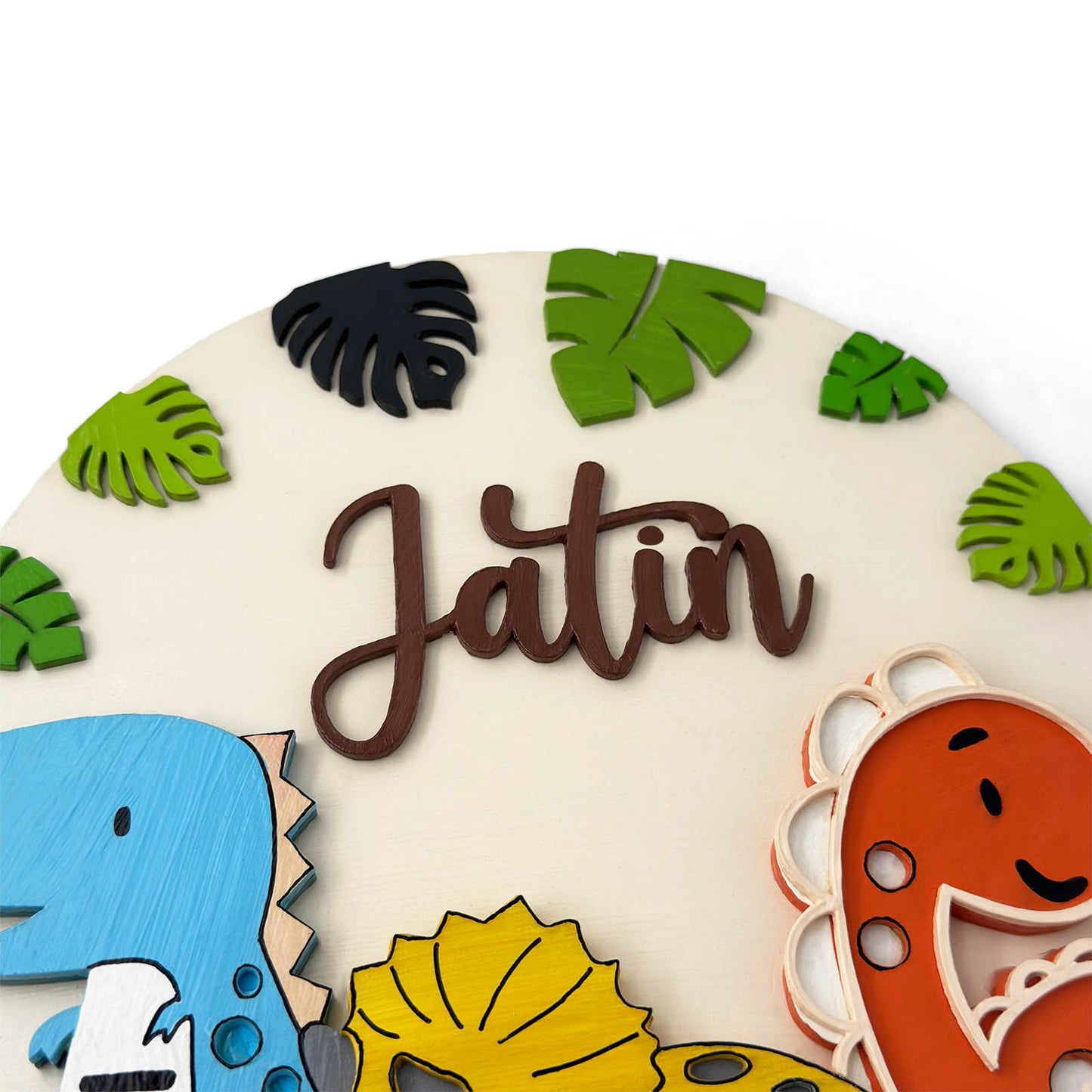 Dinosaur Themed Hand-Painted Wooden Round Kids Name Plate - Design 2