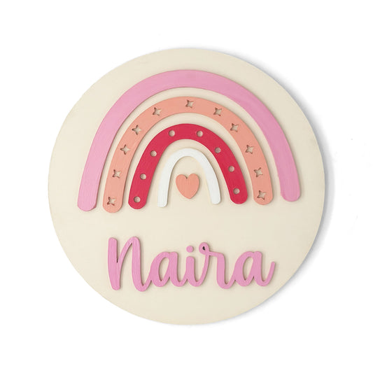 Rainbow Themed Hand-Painted Wooden Round Kids Name Plate - Design 2