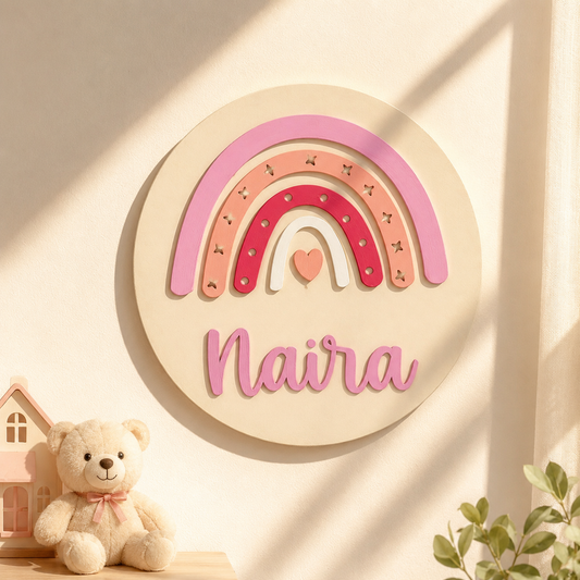 Rainbow Themed Hand-Painted Wooden Round Kids Name Plate - Design 2