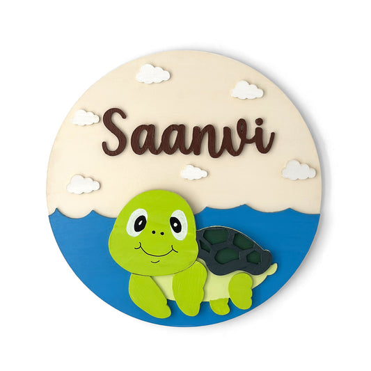 Tortoise Themed Hand-Painted Wooden Round Kids Name Plate - Design 1