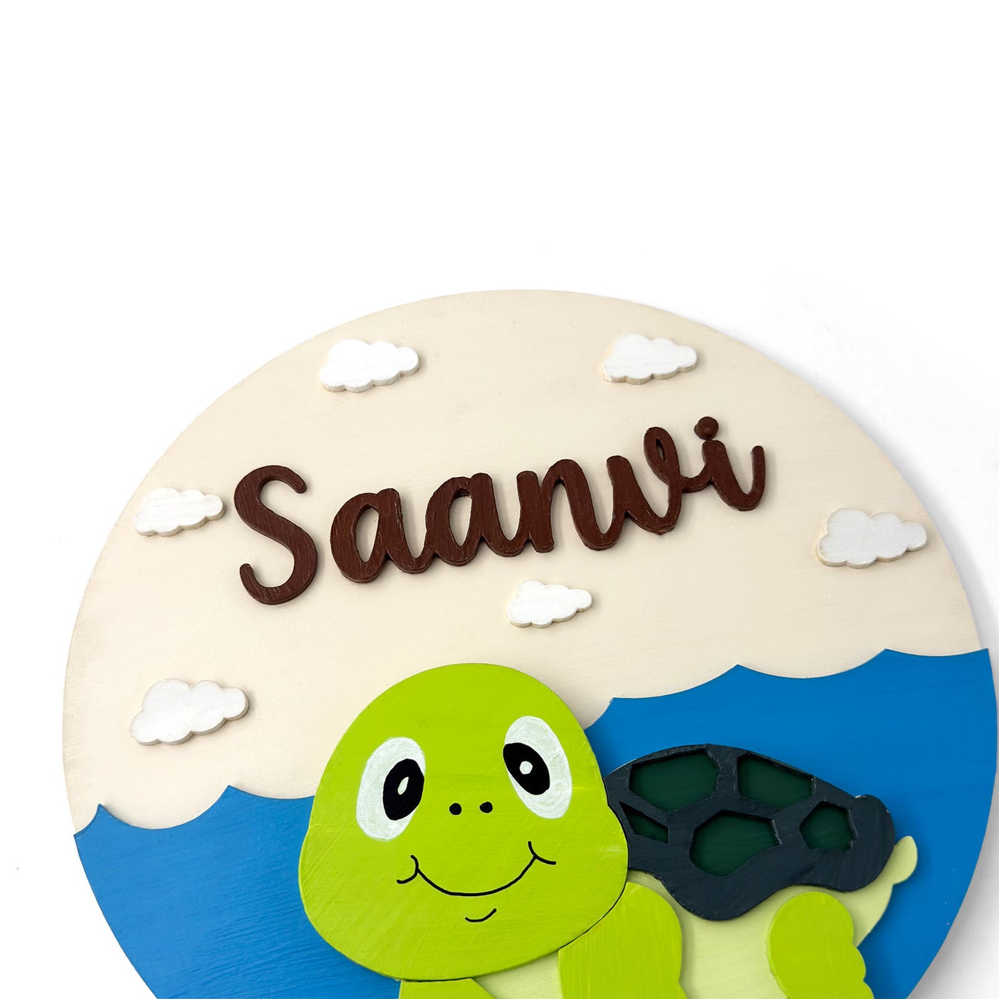 Tortoise Themed Hand-Painted Wooden Round Kids Name Plate - Design 1