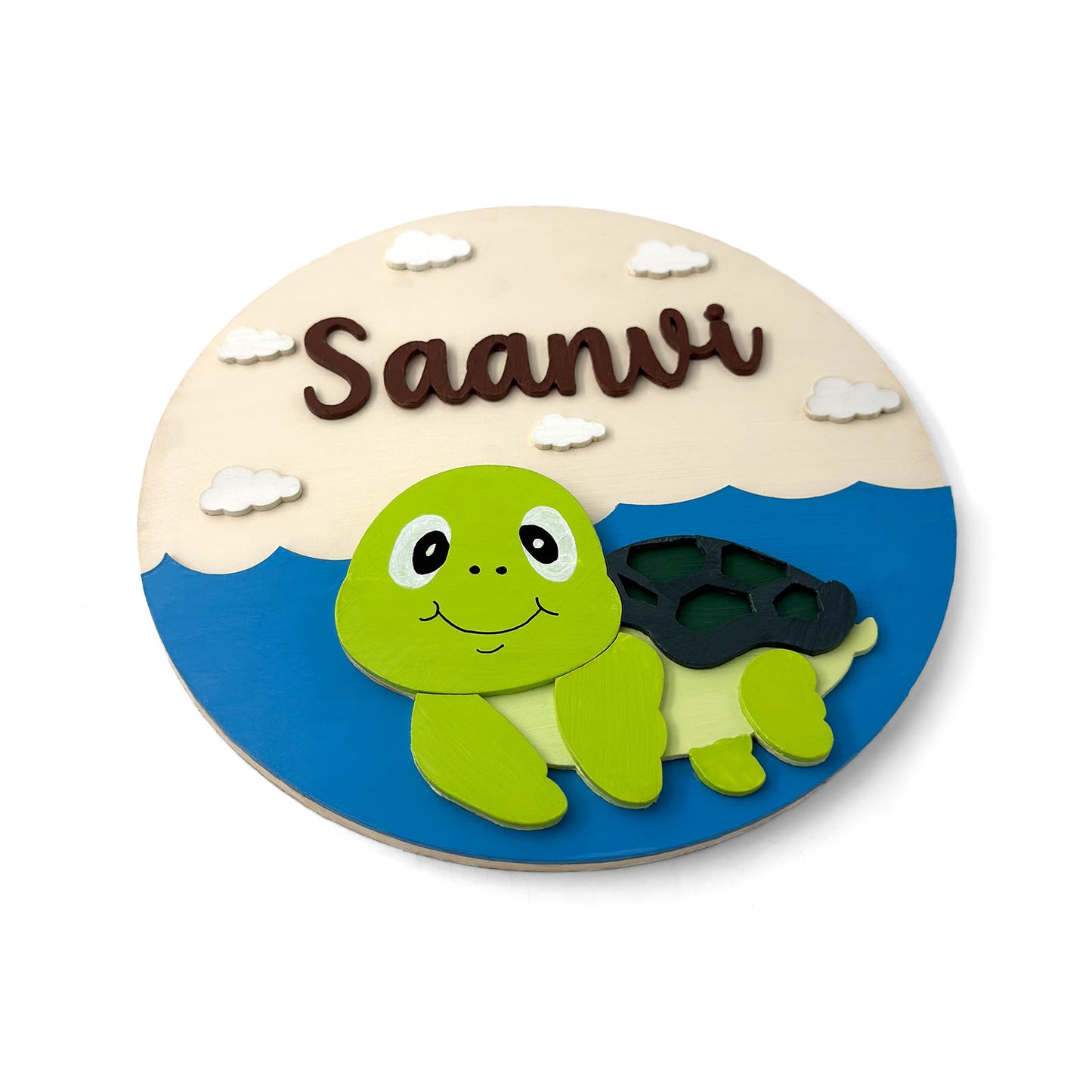 Tortoise Themed Hand-Painted Wooden Round Kids Name Plate - Design 1