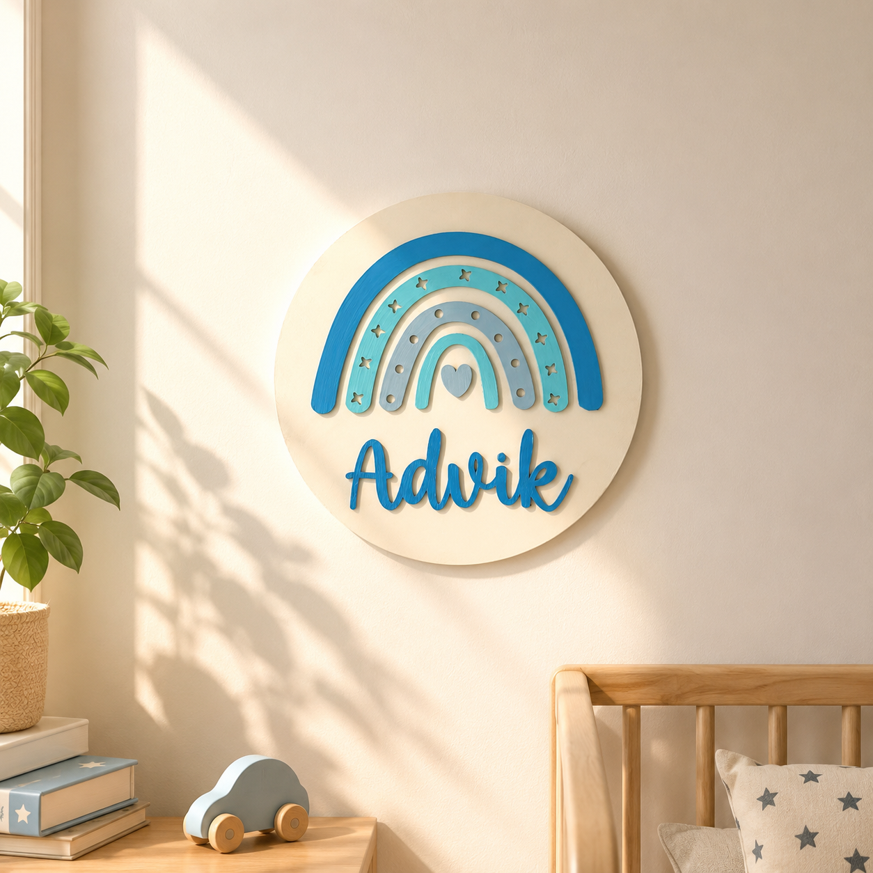Rainbow Themed Hand-Painted Wooden Round Kids Name Plate - Design 3