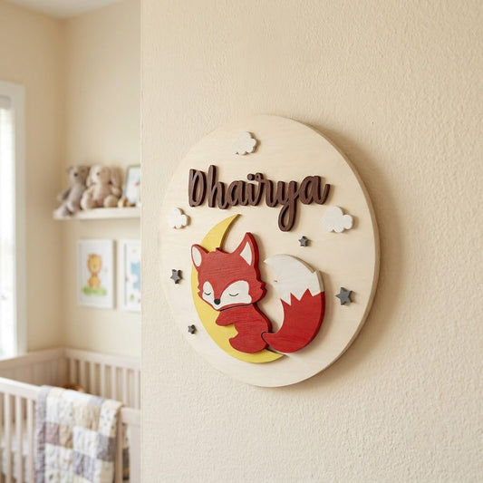 Fox Themed Hand-Painted Wooden Round Kids Name Plate - Design 1