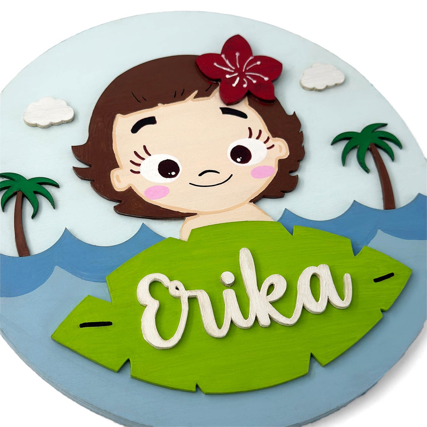 Disney Princess Moana Themed Hand-Painted Wooden Round Kids Name Plate - Design 1