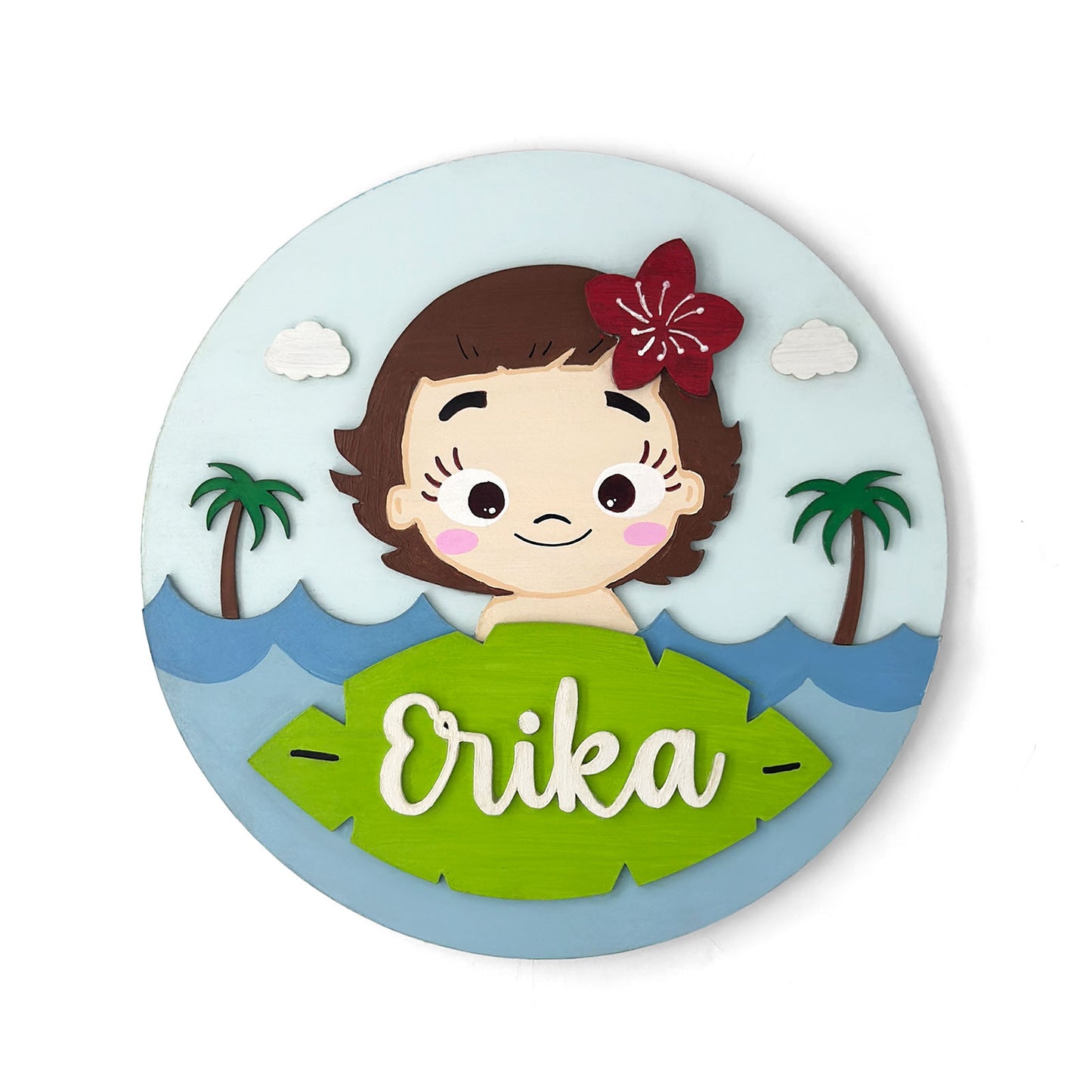 Disney Princess Moana Themed Hand-Painted Wooden Round Kids Name Plate - Design 1