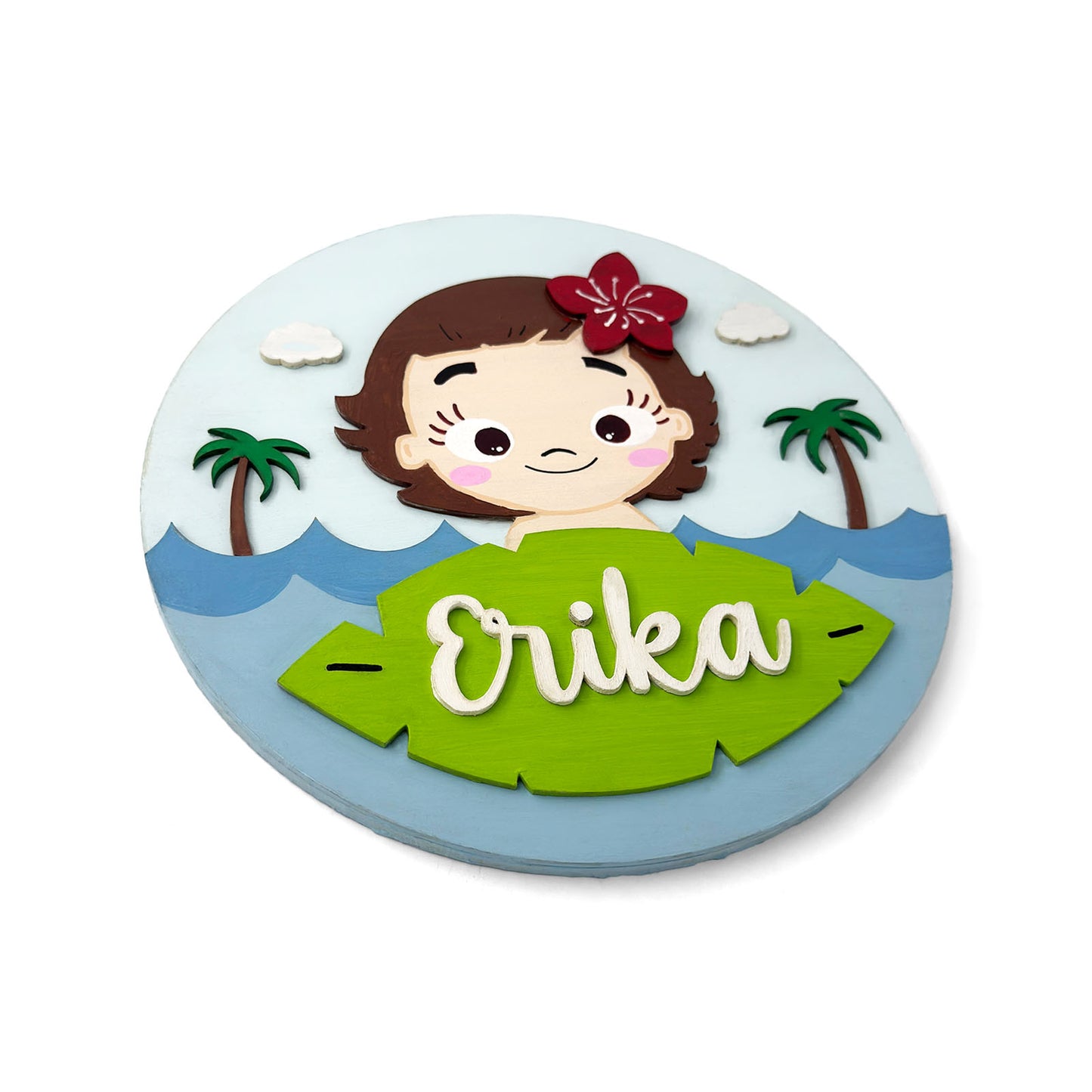 Disney Princess Moana Themed Hand-Painted Wooden Round Kids Name Plate - Design 1